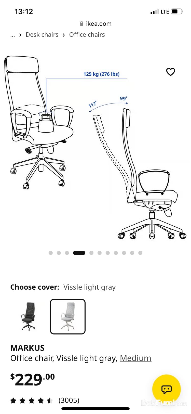 IKEA MARKUS Vissle Light Grey Height-Adjustable Fabric Office Chair