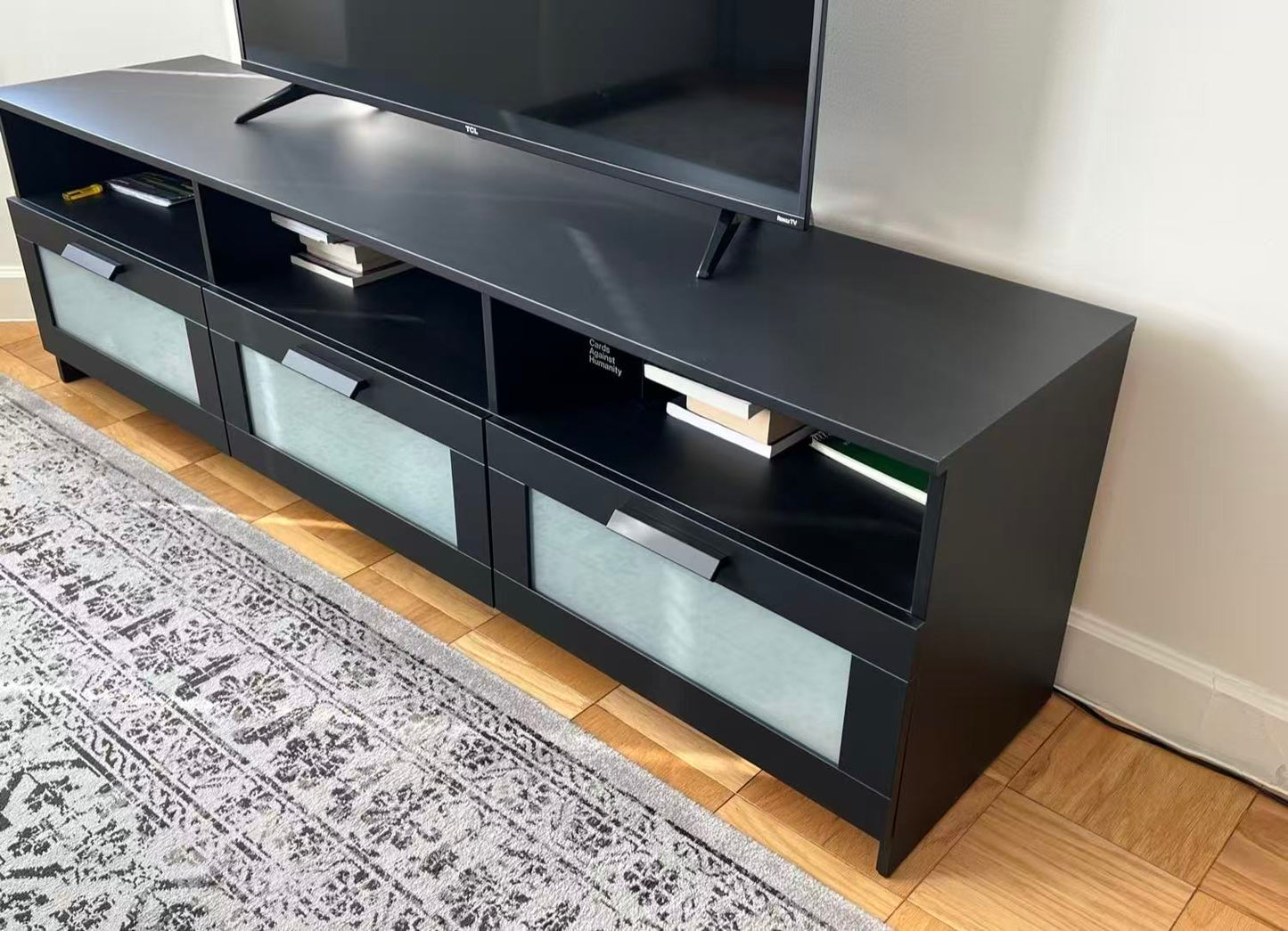 BRIMNES Black TV Stand – 3-Drawer Design