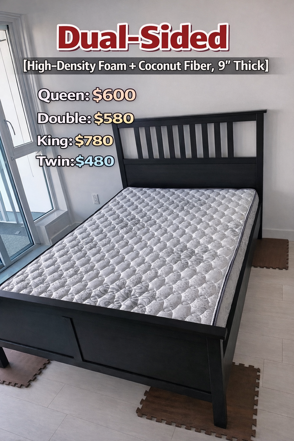 Dual-Sided Extra Firm Mattress (Firmness ★★★★ |High-Density Firm Foam + Coconut Fiber Board, 9" Thick)
