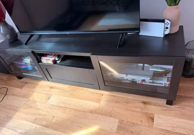 Large Brown TV Stand with Glass Front